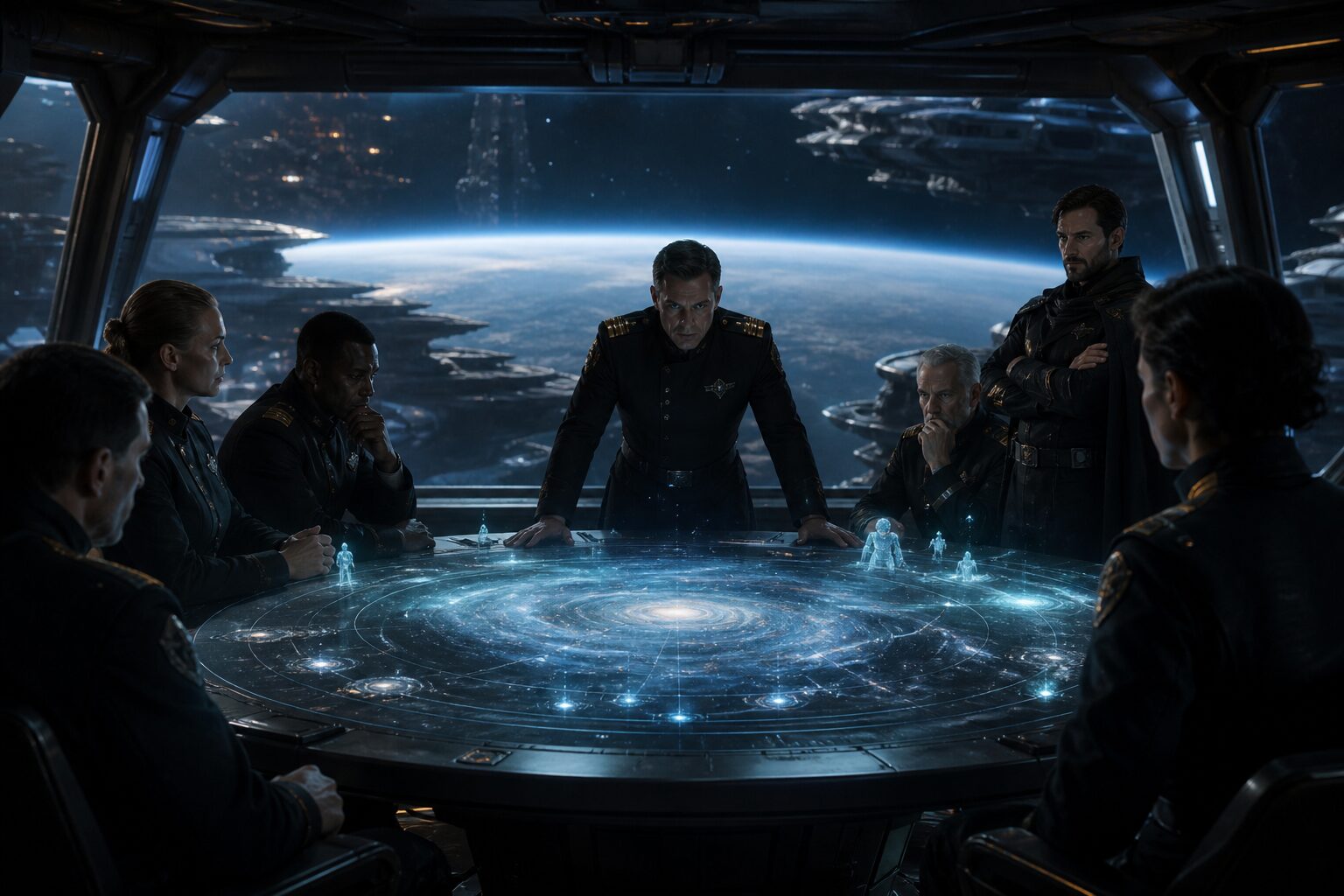 Alliance commanders around a holographic galaxy map