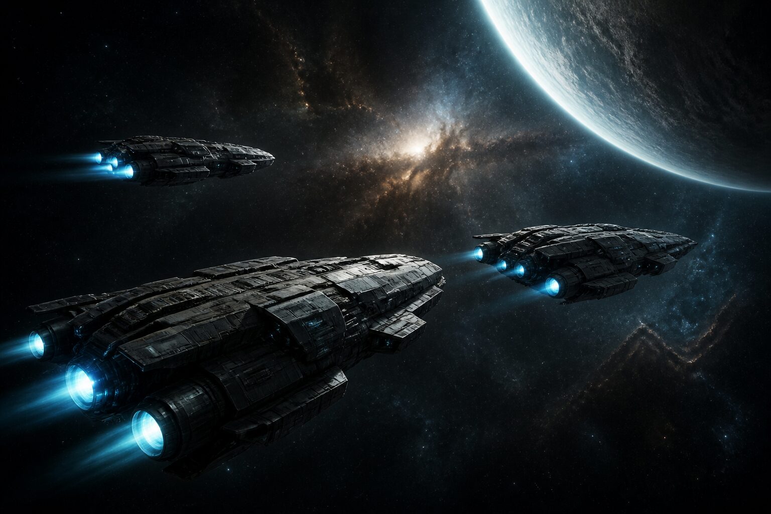 Fleet formation advancing through deep space