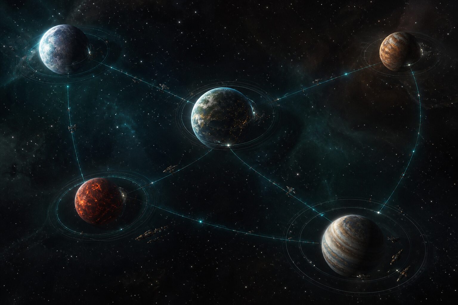 Planets linked by orbital paths across a living galaxy network