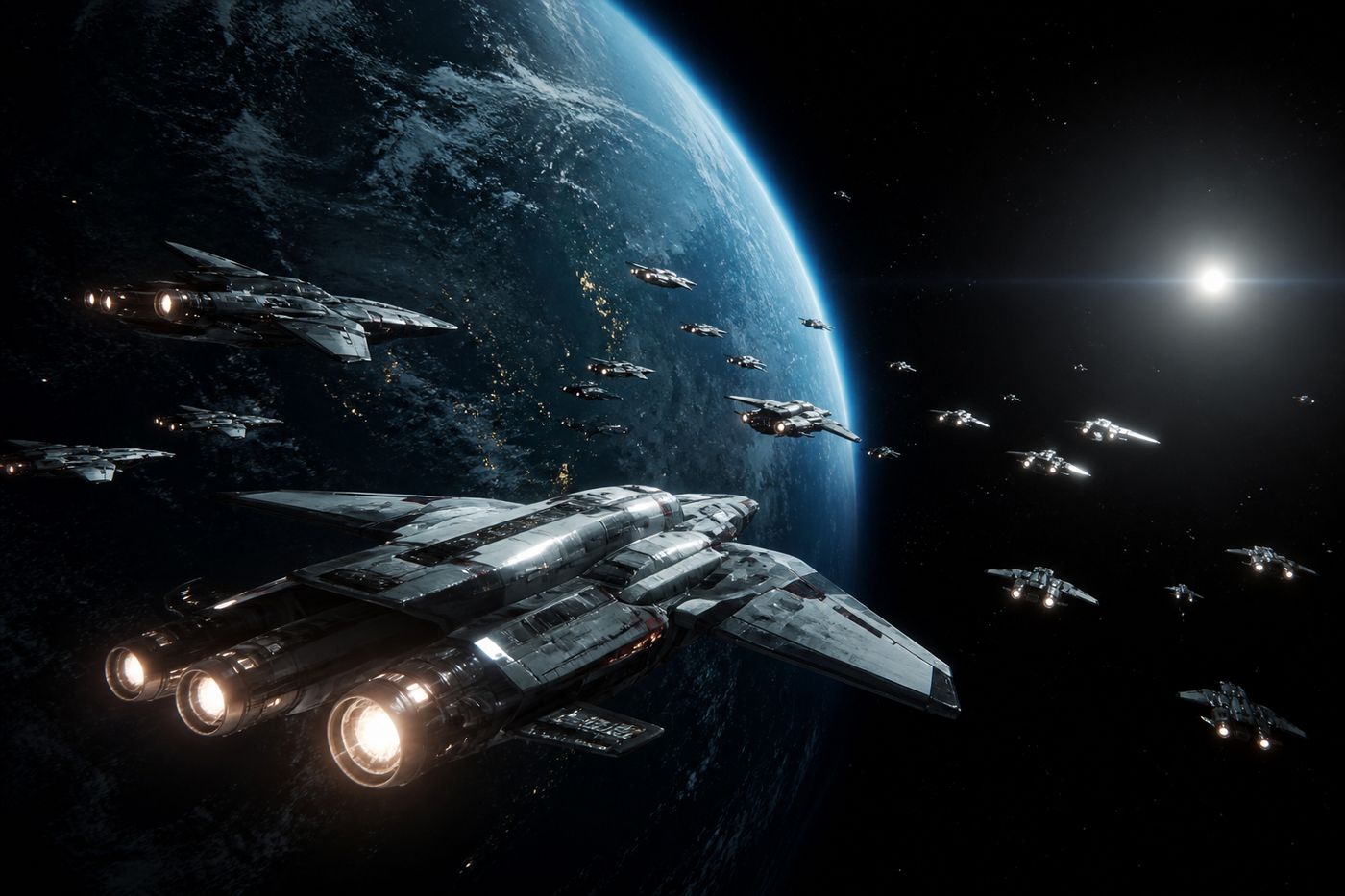 Warships crossing a nebula