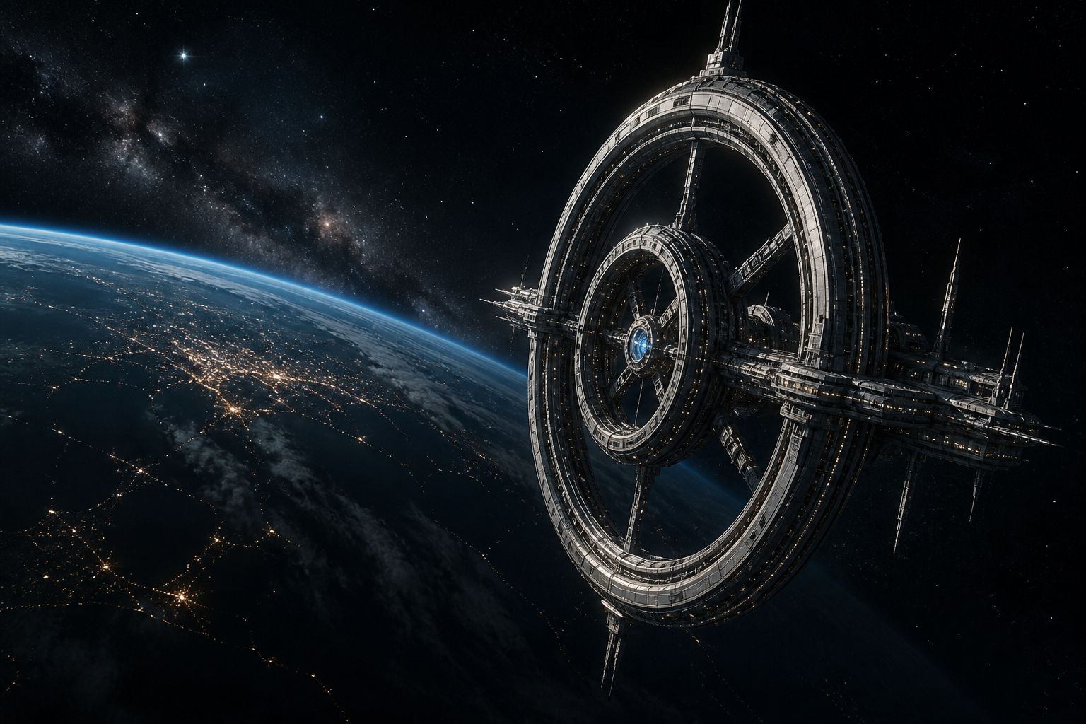 Ring station orbiting a planet in deep space
