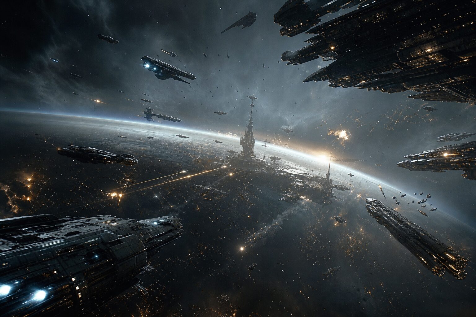 A fleet holding formation above a contested world